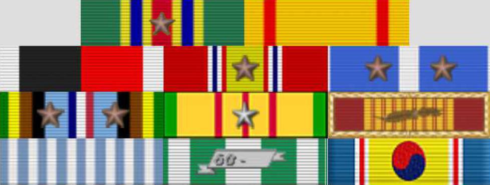 TOP ROW: Navy Meritorious Unit Commendation 1967-1968, China Service Medal 1945-1957,  SECOND ROW: Navy Occupation Service Medal 1945-1955, National Defense Service Medal 1950-1954 1961-1974, Korean Service Medal 1950-1954,  THIRD ROW: Armed Forces Expeditionary 1967-1968, Vietnam Service Medal 1965-1973, Republic of Vietnam  Gallantry Cross Unit Citation 1961 to 1974,  FOURTH ROW: United Nations Service Medal (Korea) 1950-1954, Republic of Vietnam Campaign Medal 1965-1973, Republic of Korea War Service Medal 1950-1954